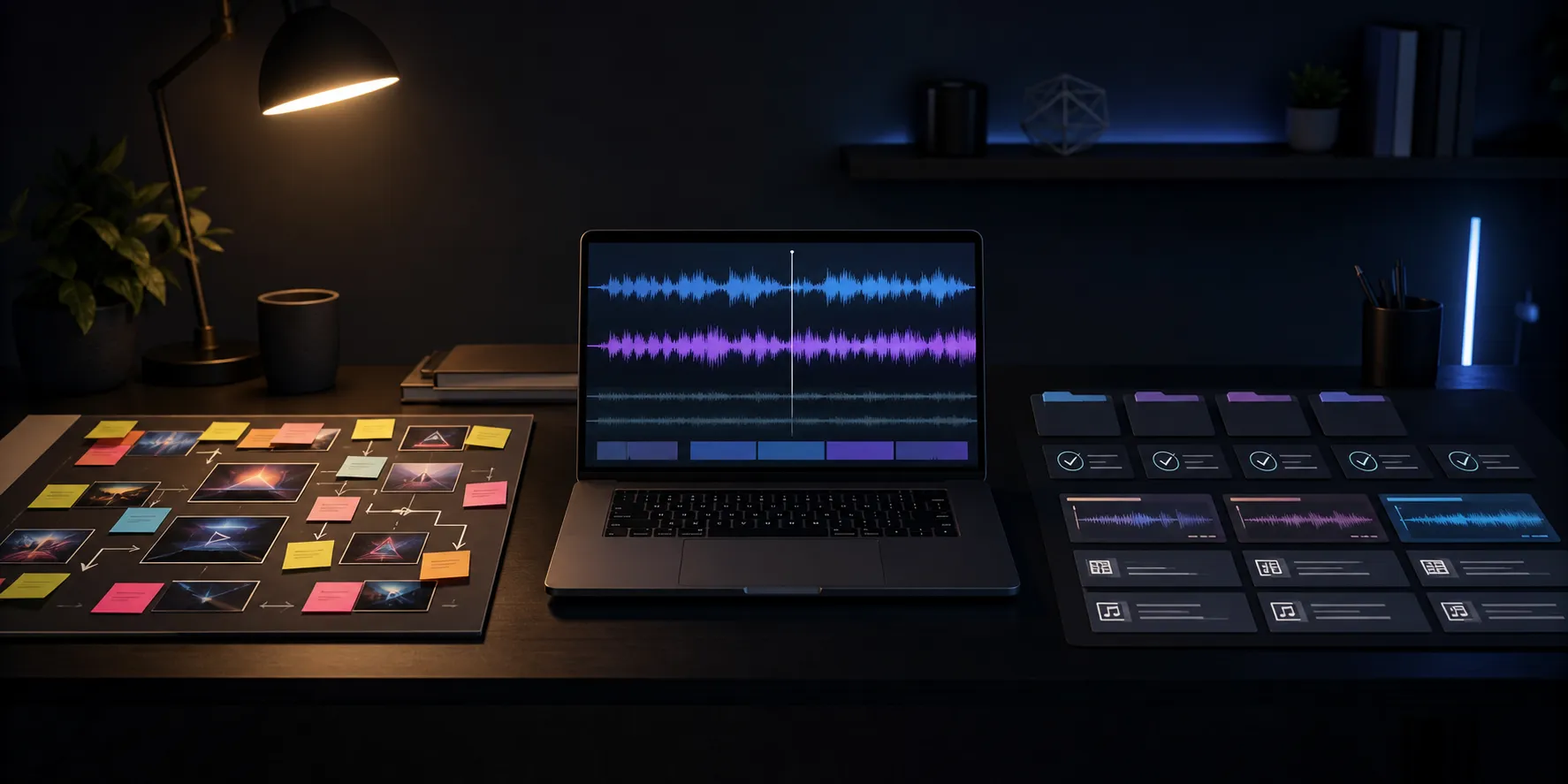 AI 음악 유튜브 작업대를 표현한 어두운 책상 사진형 이미지. 왼쪽에는 콘셉트 보드, 가운데에는 오디오 파형이 있는 노트북, 오른쪽에는 생성 파일 카드가 놓여 있다.